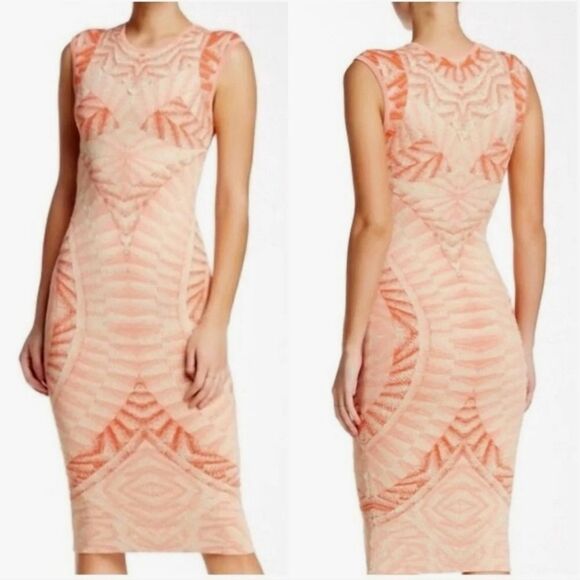 Ronny Kobo Tropez Blister Stitch Victoria Midi Textured Dress Coral Nude Combo M - Picture 2 of 13